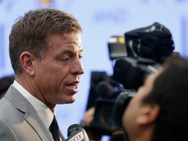 Troy Aikman talks with the media at the photo shoot for Children's Cancer Fund Annual Gala at Children's Medical Center in Dallas, Thursday, Jan. 12, 2017. The Children's Cancer Fund 29th annual Gala for pediatric cancer research will be held at Hilton Anatole on April 21, 2017.