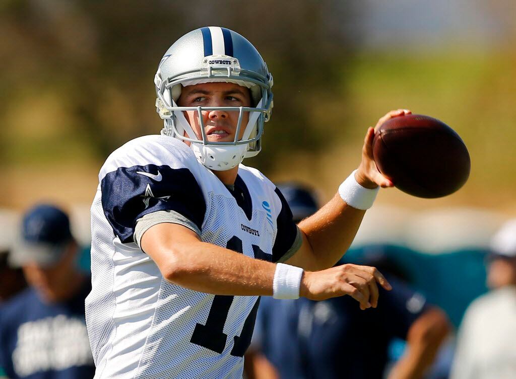 Dallas Cowboys quarterback Kellen Moore (17) looks for a receiver during afternoon practice...