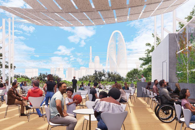 One part of the planned Trinity River park shows a view from the canopied roof deck of the...