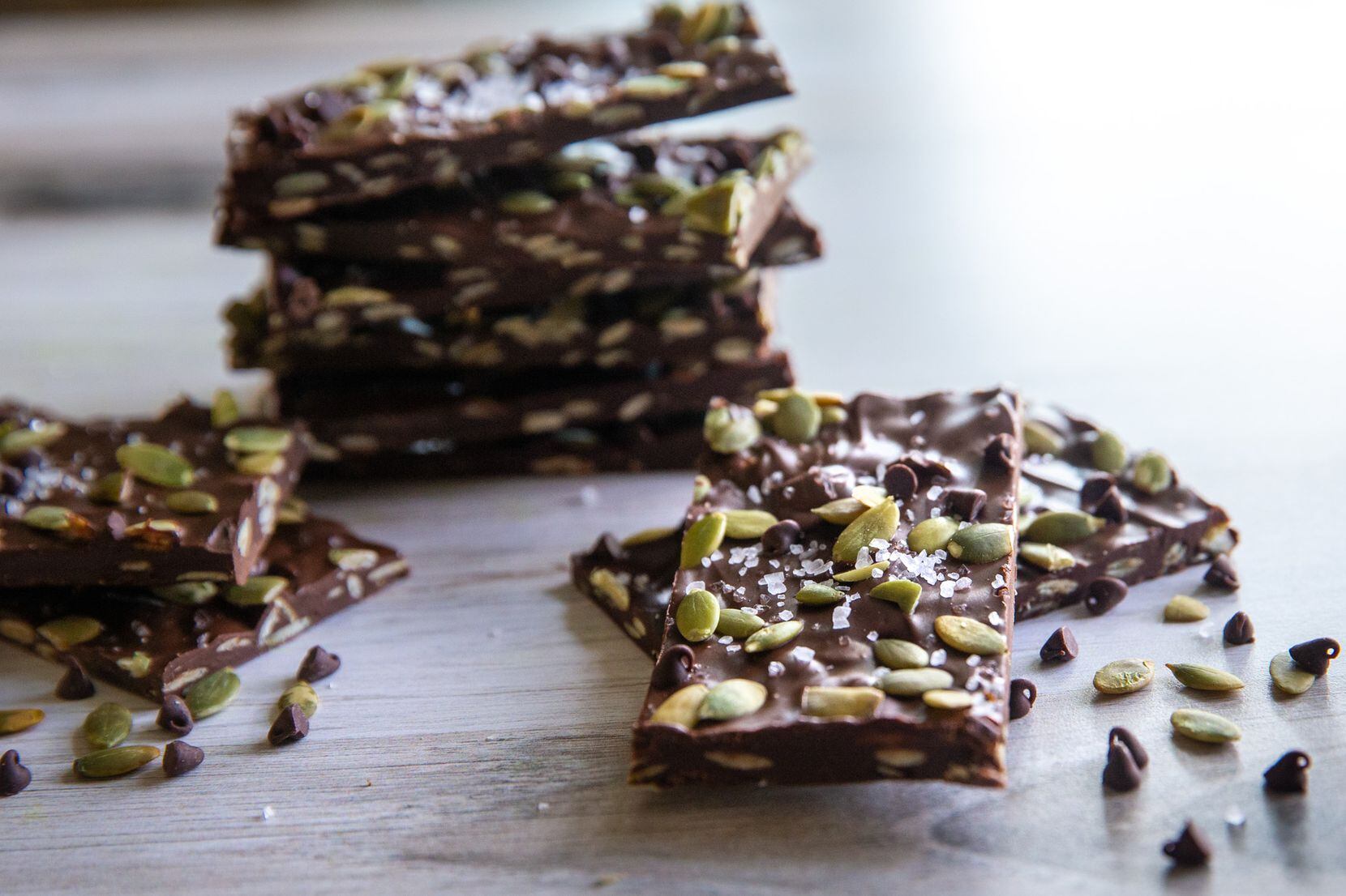 This chocolate bark is made with pumpkin seeds and sea salt. (Lynda M. Gonzalez/The Dallas...