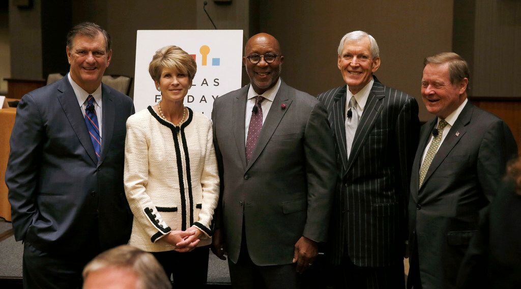 Former Dallas mayors pose together in 2018. From left, Mike Rawlings, Laura Miller, Ron...