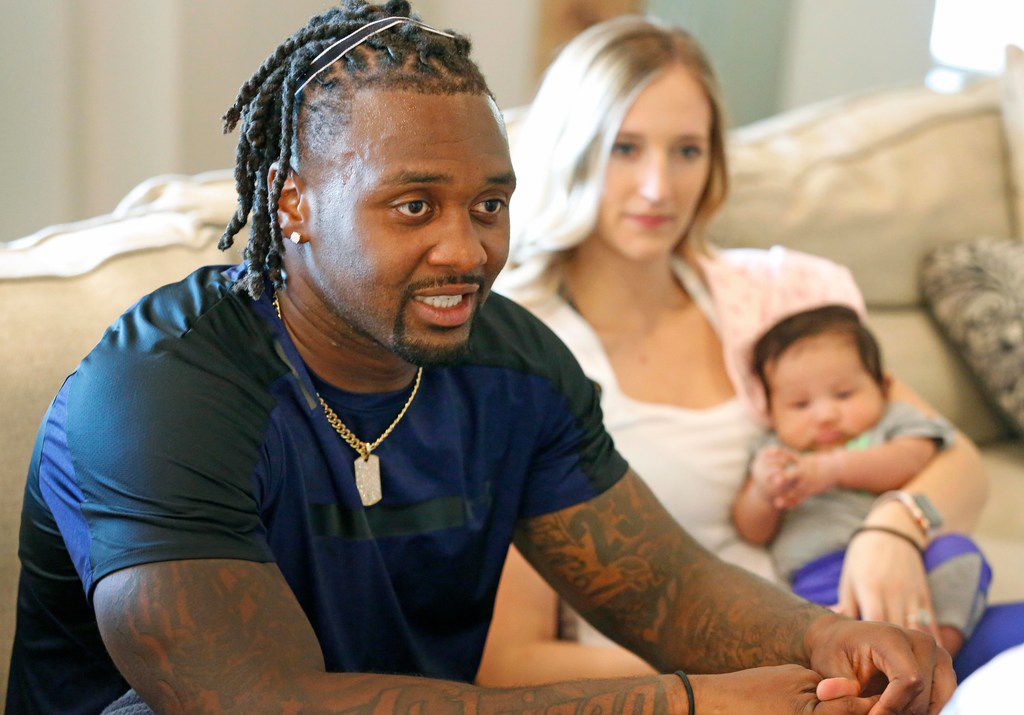 Dallas Cowboys defensive back Kavon Frazier poses with his wife Gera and daughter Kali at...