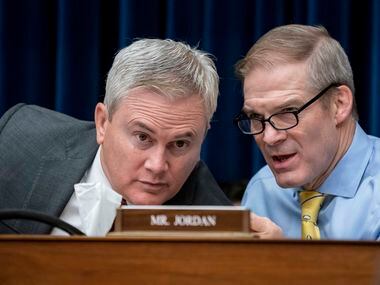 House Oversight and Accountability Committee Chairman James Comer, R-Ky., left, confers with...