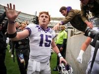 TCU quarterback Max Duggan (15) celebrates as he leaves the field after the Horned Frogs...
