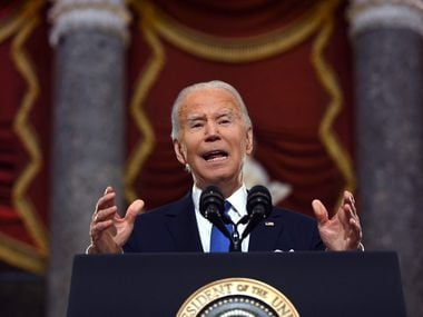 President Joe Biden speaks at the US Capitol on January 6, 2022, to mark the anniversary of the attack. Thousands of supporters of then-president Donald Trump stormed the Capitol in a bid to prevent the certification of Biden's election victory.