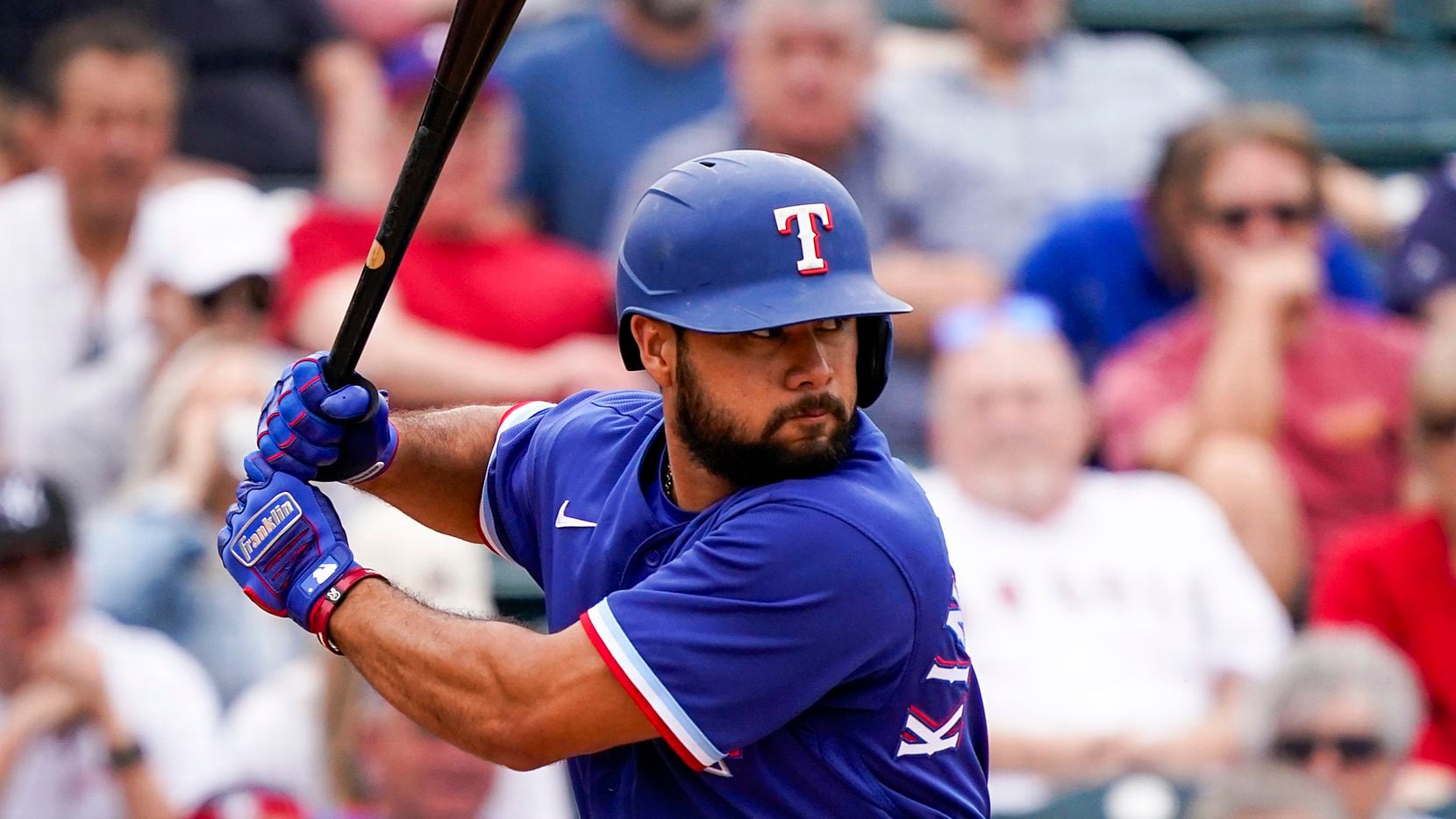 Texas Rangers infielder Isiah Kiner-Falefa bats during a spring training game against the Los Angeles Angels at Tempe Diablo Stadium on Friday, Feb. 28, 2020, in Tempe, Ariz.