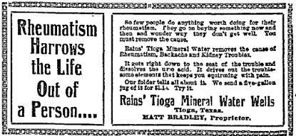 A 1902 advertisement for Rains' Tioga Mineral Water Wells.