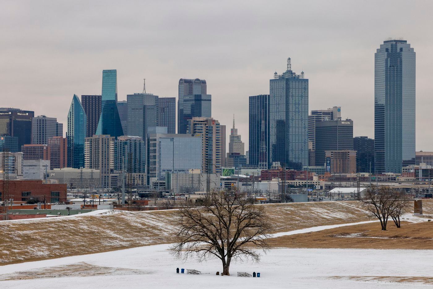 Snow and ice covers Trammell Crow Park near downtown Dallas on Thursday, Feb. 3, 2022....