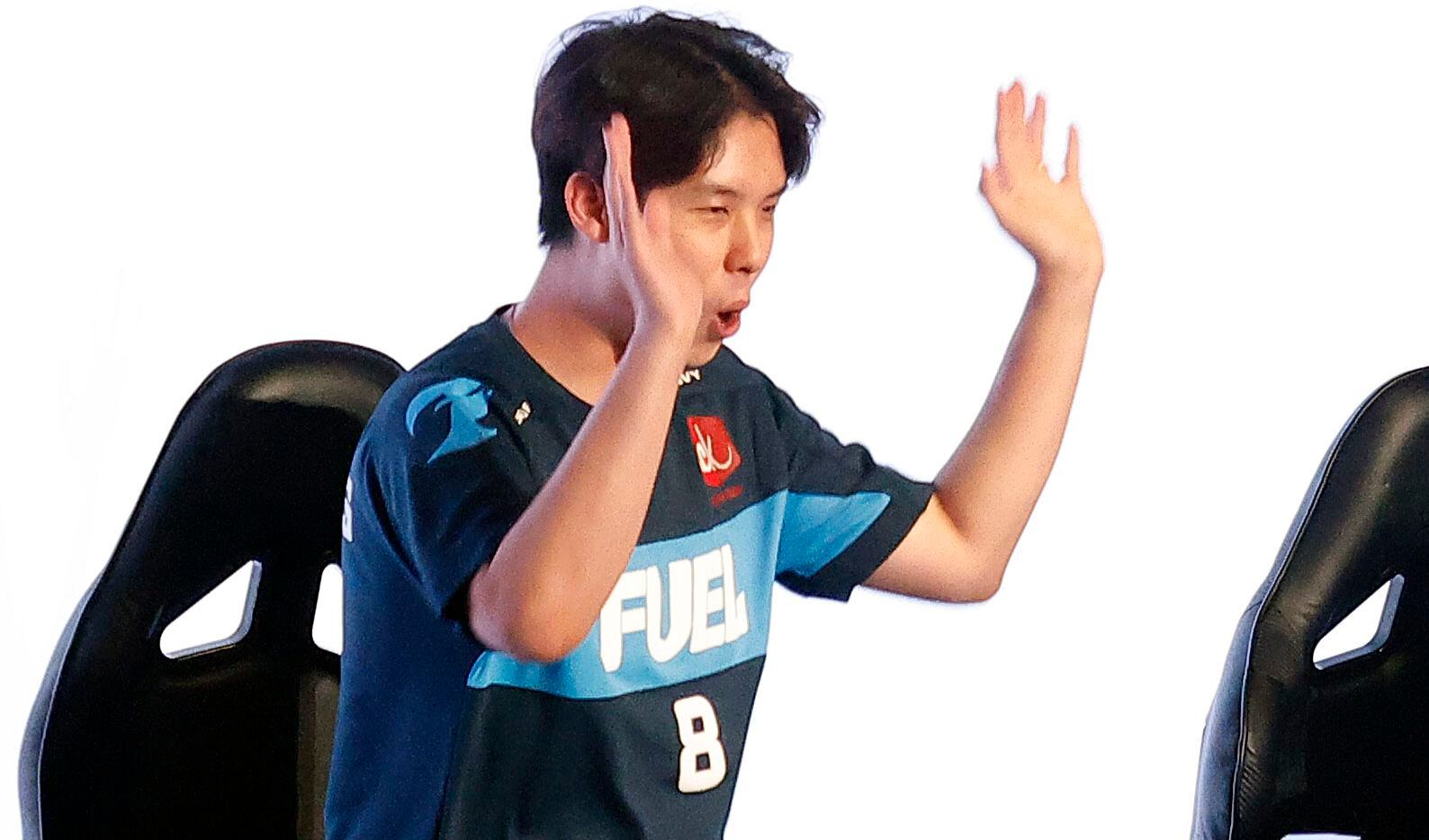 Dallas Fuel player Lee “Fearless” Eui-Seok celebrates after defeating the Houston Outlaws in their Overwatch League game at Esports Stadium Arlington Friday, July 9, 2021. Dallas Fuel defeated Houston in The Battle for Texas, 3-0.