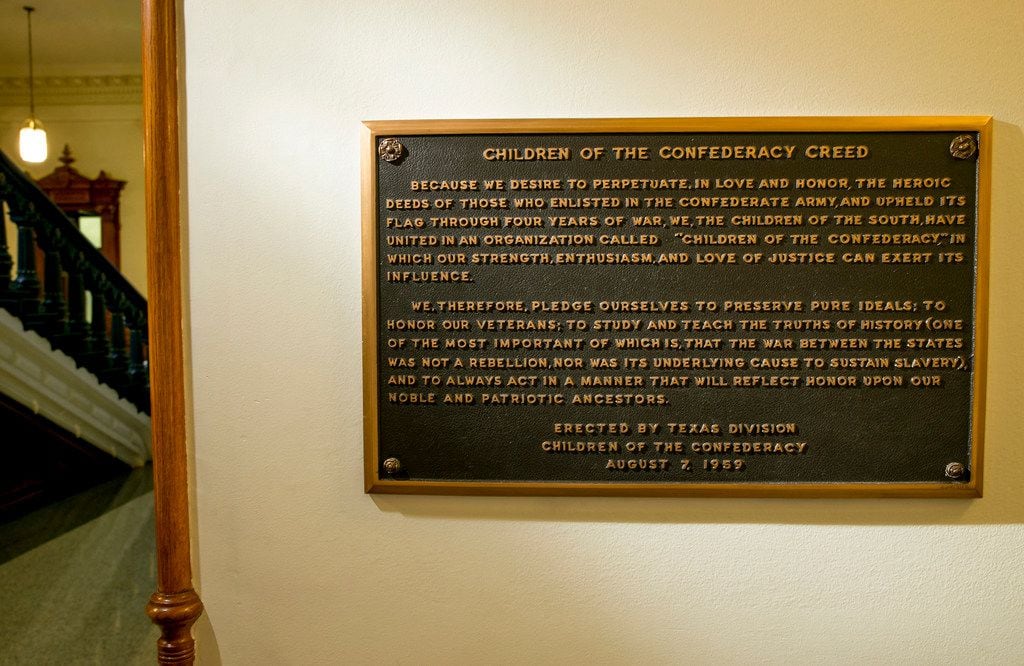The Children of the Confederacy Creed plaque at the Capitol in Austin, Texas. On Dec. 3,...