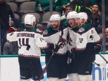Arizona Coyotes players celebrate a goal tying the game, 3-3, during the third period on...
