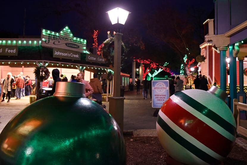 Giant Christmas ornaments at Six Flags' Holiday in the Park