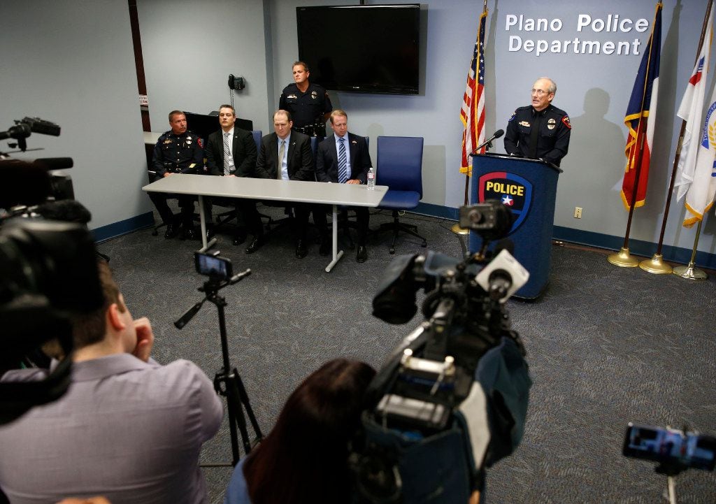 Plano Police Chief Gregory Rushin speaks to the media during a press conference at the Plano...