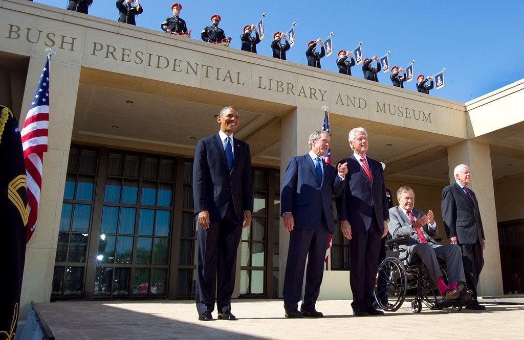 The five living presidents (from left) Barack Obama, George W. Bush, Bill Clinton, George H.W. Bush, and Jimmy Carter were introduced at the George W. Bush Presidential Center dedication in University Park, Texas, Thursday, April 25, 2013.