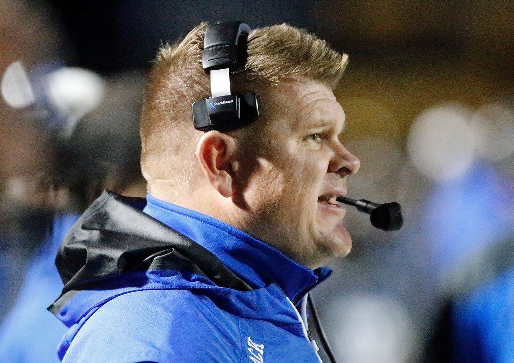 Plano West High School head coach Tyler Soukup during the second half as Plano West High...