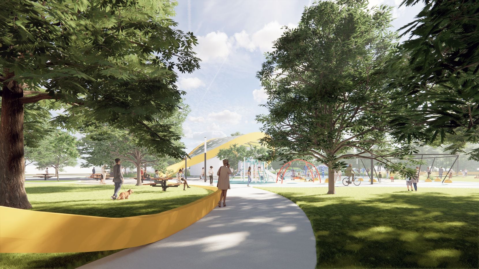 This HKS rendering shows the "ribbon of play," a yellow steel design feature, that runs through the park and ties the various activity areas together.