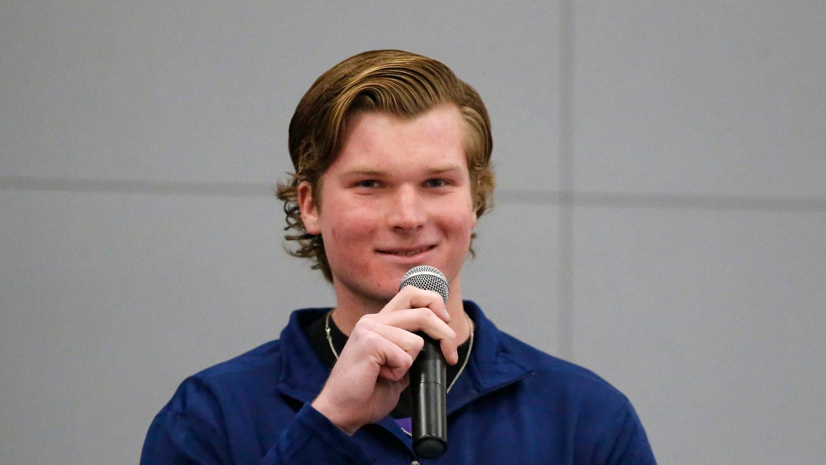 McKinney North quarterback Dillon Markiewicz speaks during the National Signing Day ceremony...