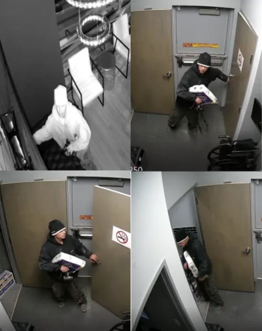 Surveillance-video images of a suspect who police said broke into a Pleasant Grove dental office on Feb. 4, 2020, and made off with several Apple products and cash.