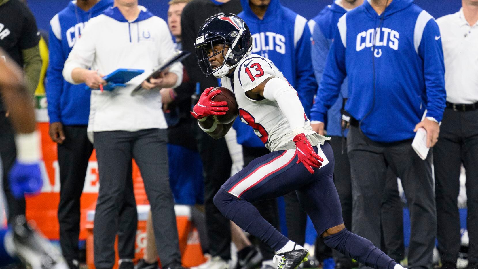 Houston Texans wide receiver Brandin Cooks (13) runs down the sidelines after catch during...