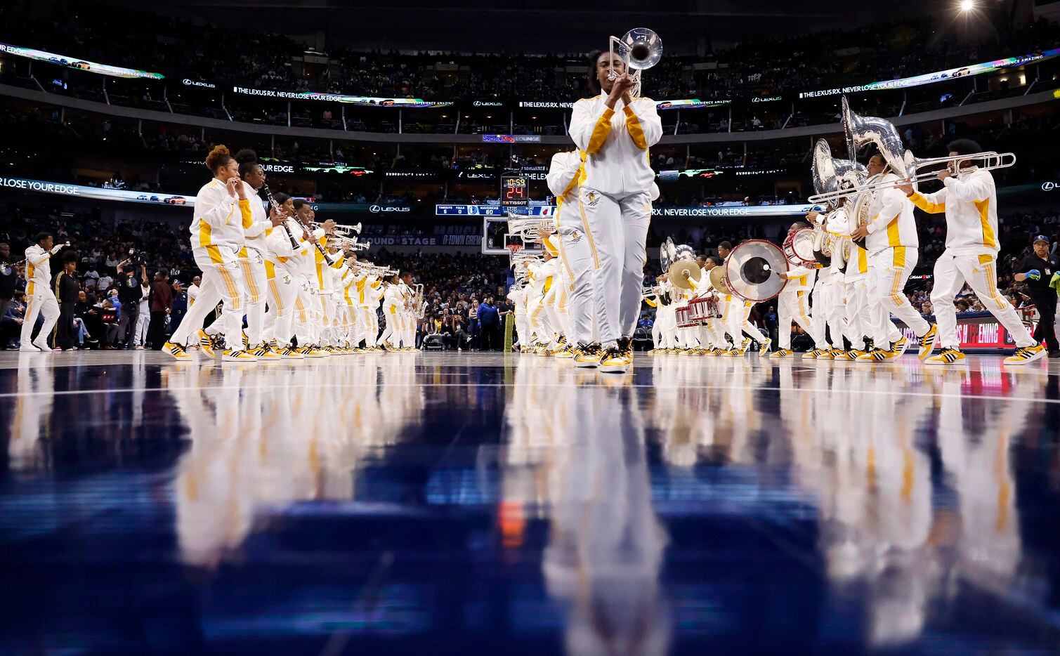 The Grambling State University Tiger Marching Band performs at halftime of the Dallas...
