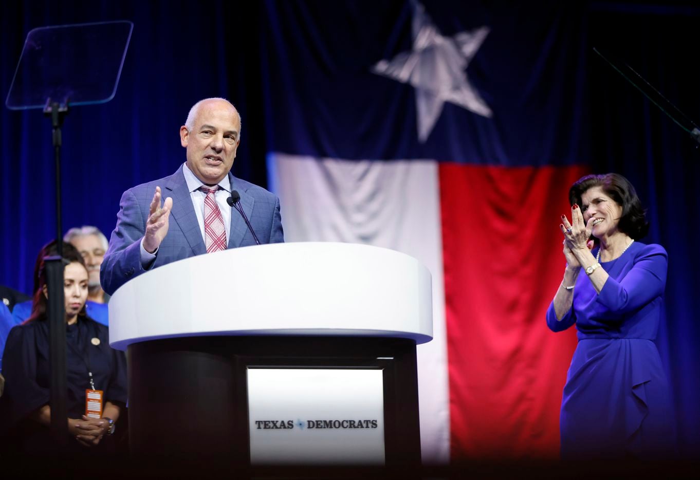 Texas House Democratic Caucus Chair Chris Turner speaks after being recognized by Luci...