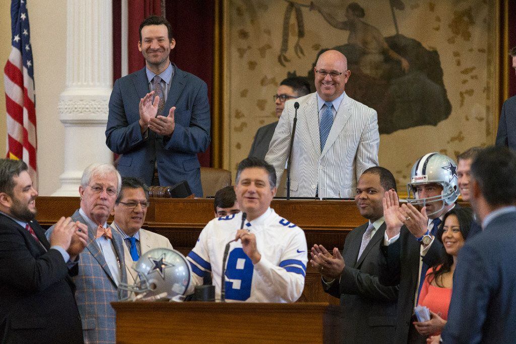 Former Dallas Cowboys quarterback Tony Romo claps as he is recognized by the House at the Texas Capitol in Austin, Wednesday, May 3, 2017. 