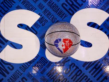A NBA 75th Anniversary ball sits on the floor of the American Airlines Center before Game 1...