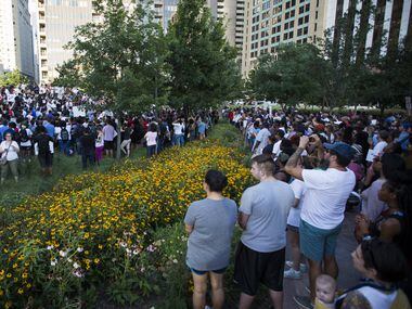 Protestors fill Belo Garden for a rally in downtown Dallas on Thursday, July 7, 2016. Dallas...