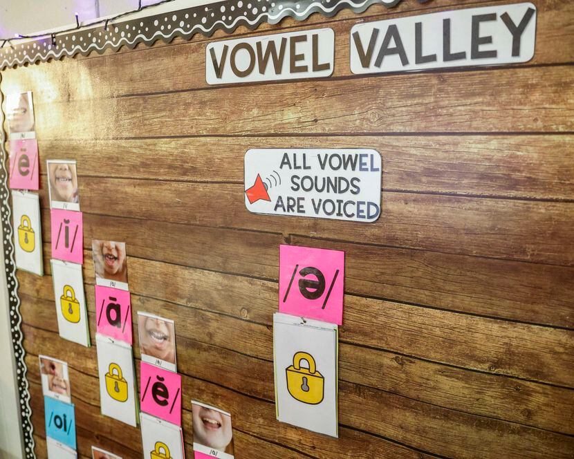 The bulletin board of first grade teacher Yvette Garakani features different speech sounds...
