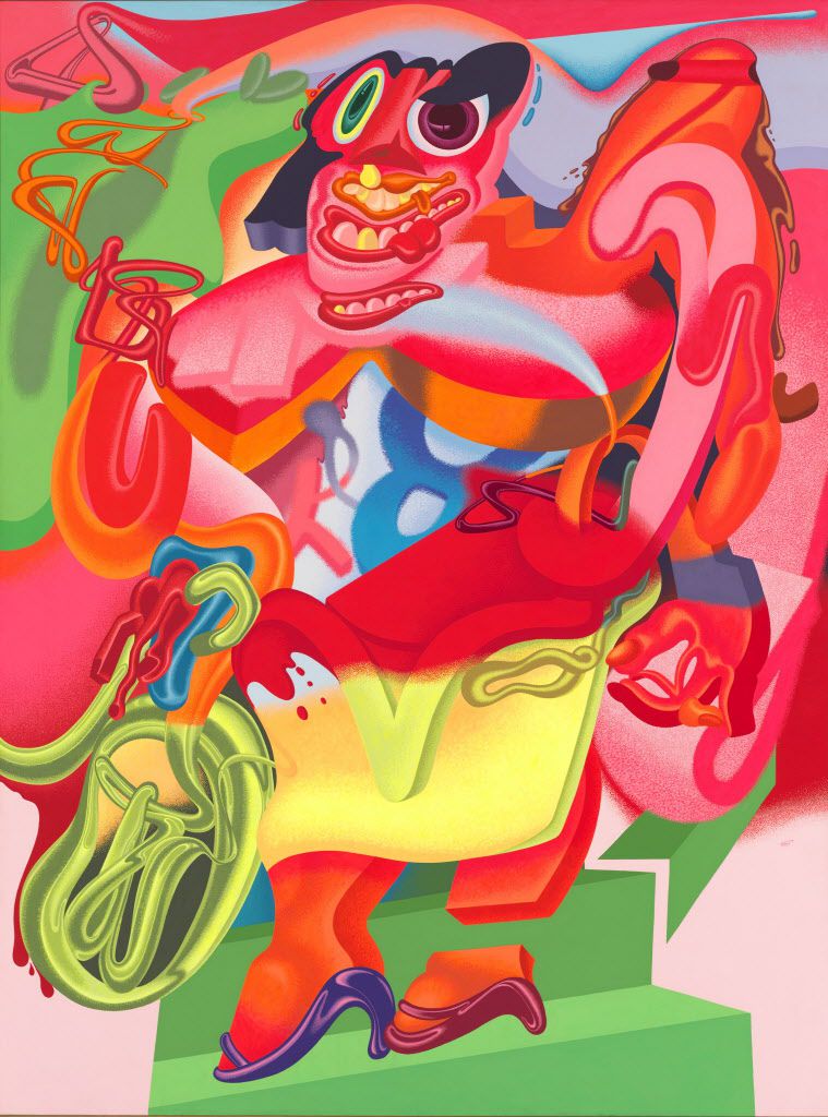 Peter Saul ( b. 1934).  de Kooning's Woman with Bicycle, 1976. Acrylic on linen. Whitney Museum of American Art, New York; purchase, with funds from the Sara Roby Foundation.   Peter Saul 1976 Saul, Peter