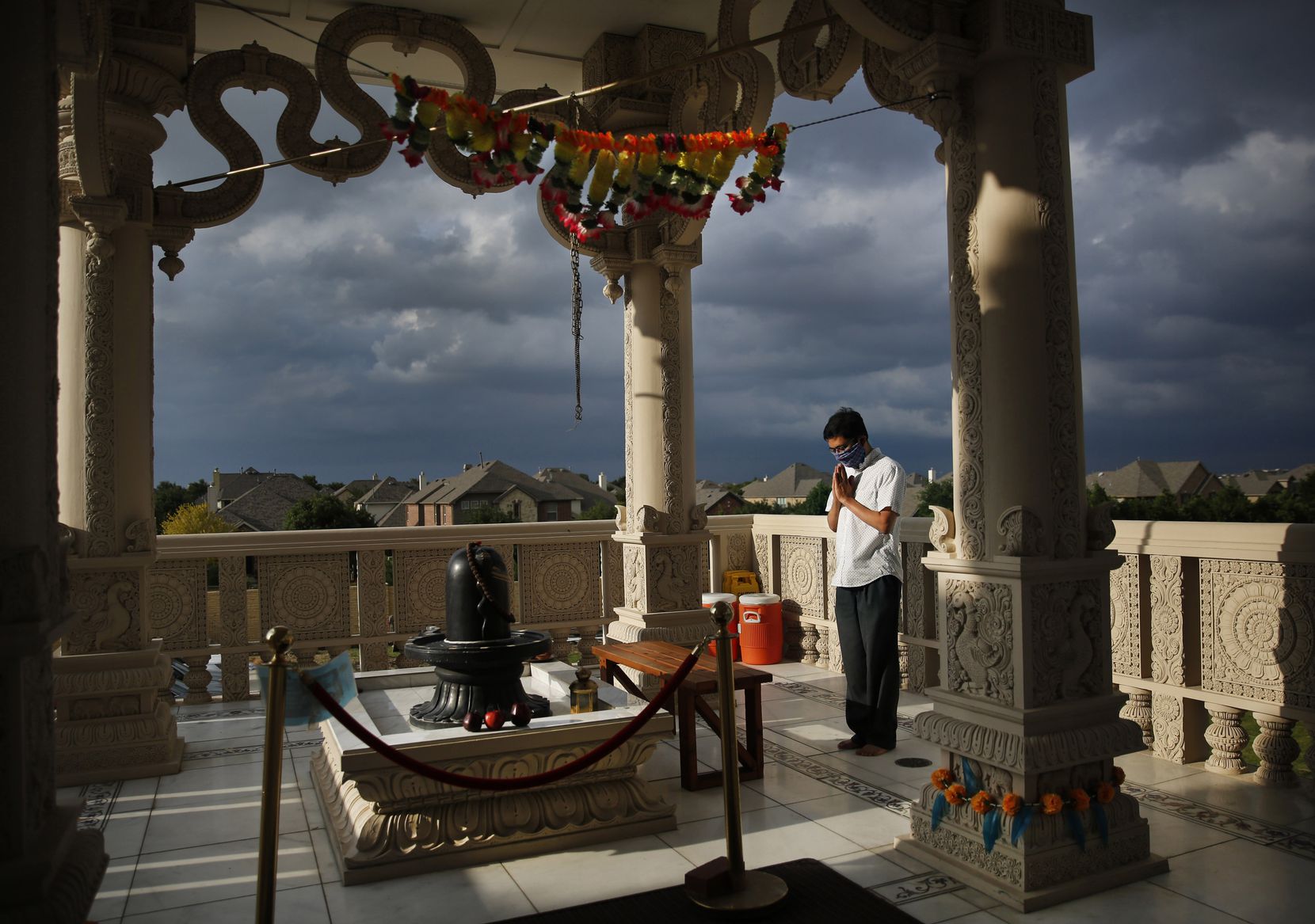 Volunteer Madhan Thirukonda prayed before a large shiva at Radha Krishna Temple of Dallas in...