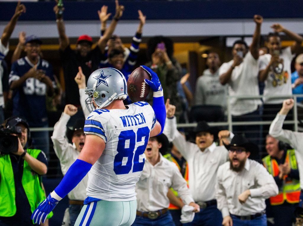 Dallas Cowboys tight end Jason Witten (82) celebrates after catching a touchdown pass thrown...