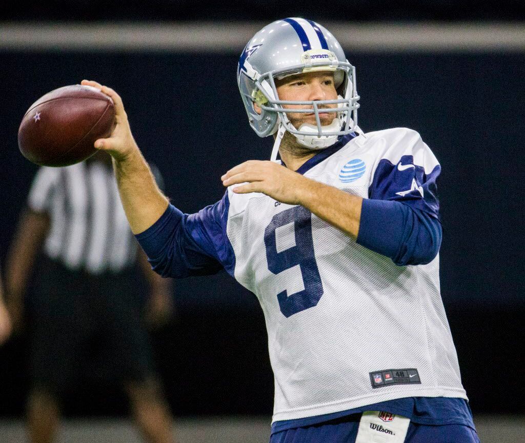 Dallas Cowboys quarterback Tony Romo (9) throws a pass during their practice on Friday,...