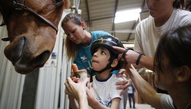 Jonathan López, de 7 años, (centro) le da una zanahoria a Patrón, el caballo que pasea al...