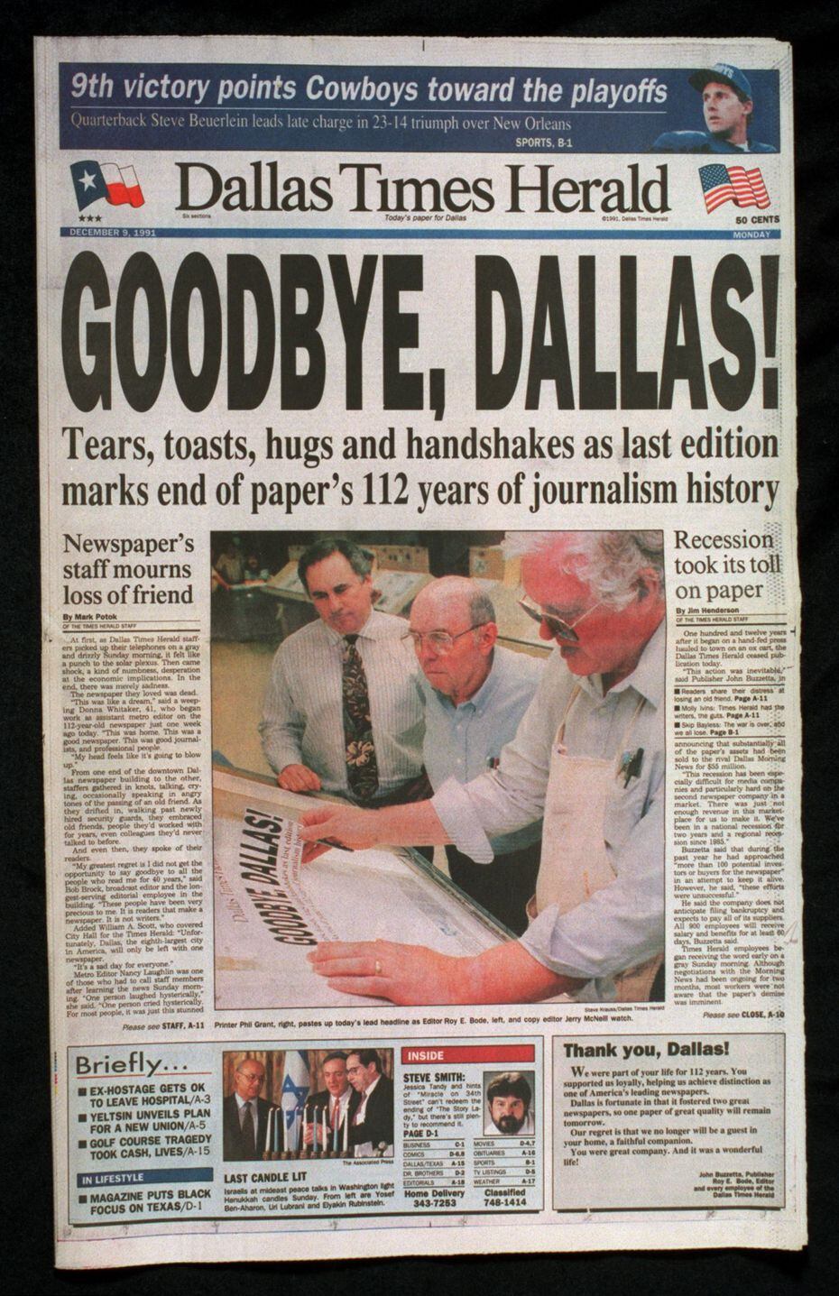 The Dallas Times Herald bids Dallas goodbye, ending 112 years of journalism history on Dec....