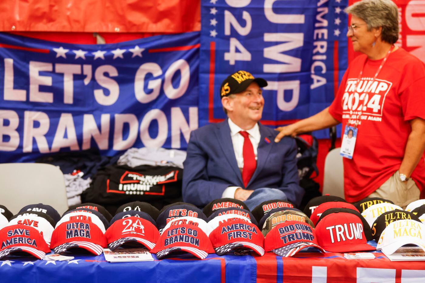 Merchandise in support of former President Donald Trump on sale during the second day of...