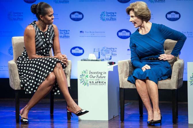 
Michelle Obama and Laura Bush bantered about raising kids in the White House, coping with...