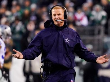 Dallas Cowboys head coach Jason Garrett argues a call during the first half of an NFL football game at Lincoln Financial Field on Sunday, Dec. 22, 2019, in Philadelphia. (Smiley N. Pool/The Dallas Morning News)