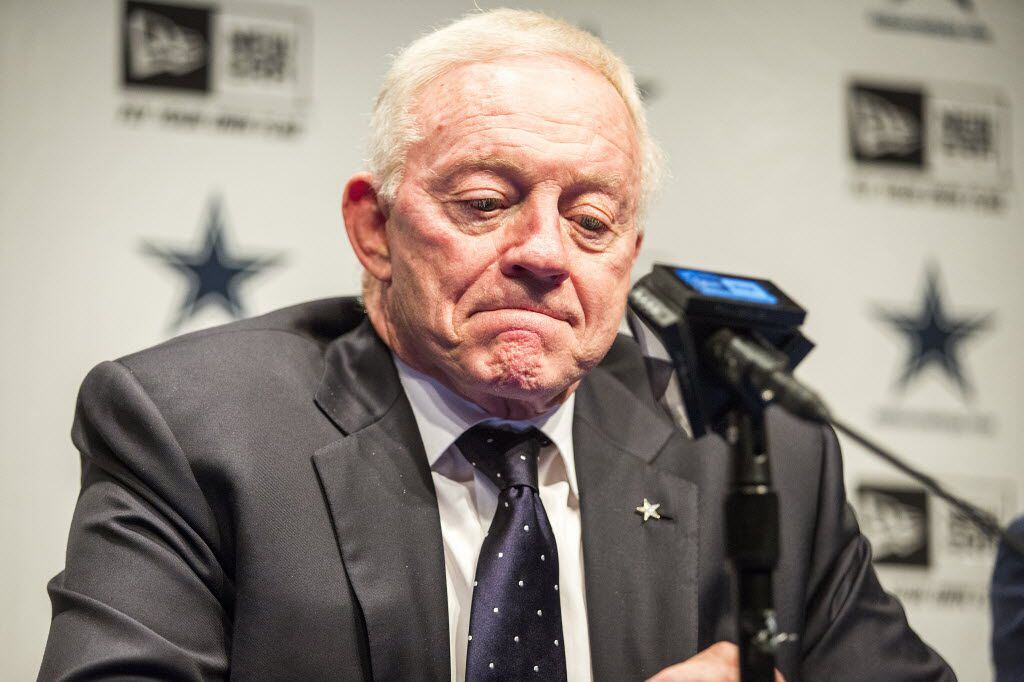 Dallas Cowboys owner Jerry Jones pauses while answering a question about a tweet made by new...