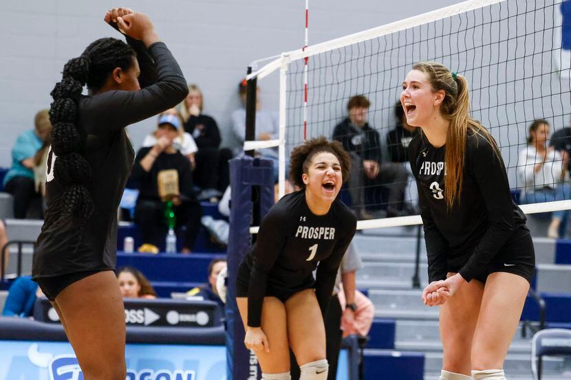 Prosper High’sJayla Jackson (center) and Ayden Ames celebrate a point against Plano West...