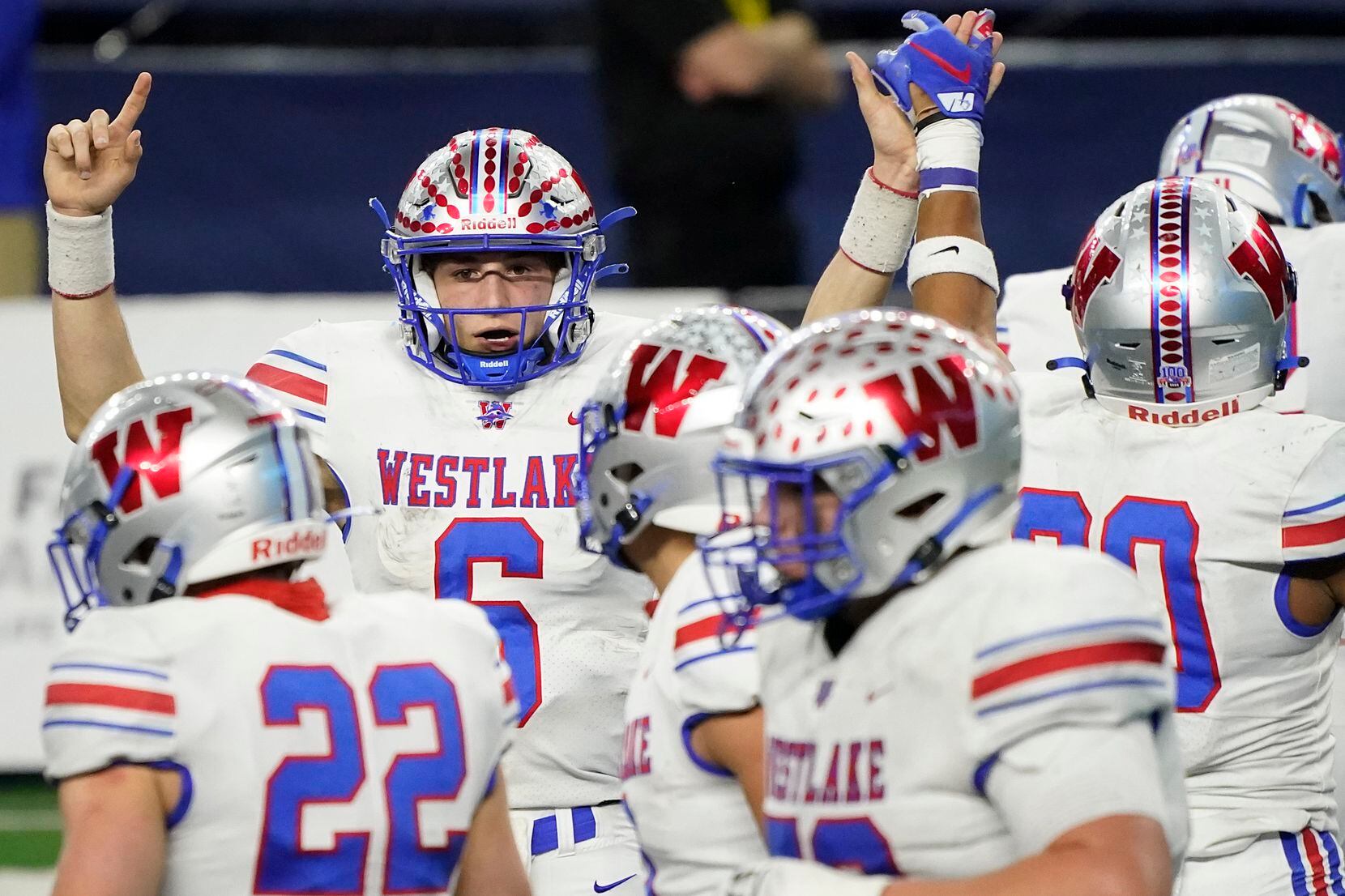 Austin Westlake quarterback Cade Klubnik (6) celebrates a touchdown run by running back Grey Nakfoor (22) during the fourth quarter of the Class 6A Division I state football championship game against Southlake Carroll at AT&T Stadium on Saturday, Jan. 16, 2021, in Arlington, Texas. Westlake won the game 52-34.