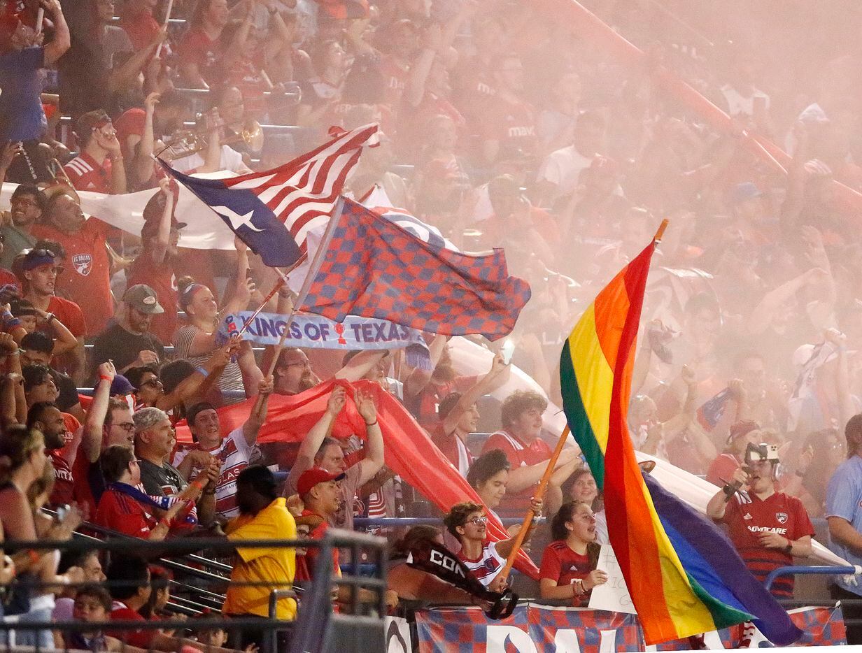 FC Dallas fans jubilate after a goal during the first half as FC Dallas hosted Austin FC at...