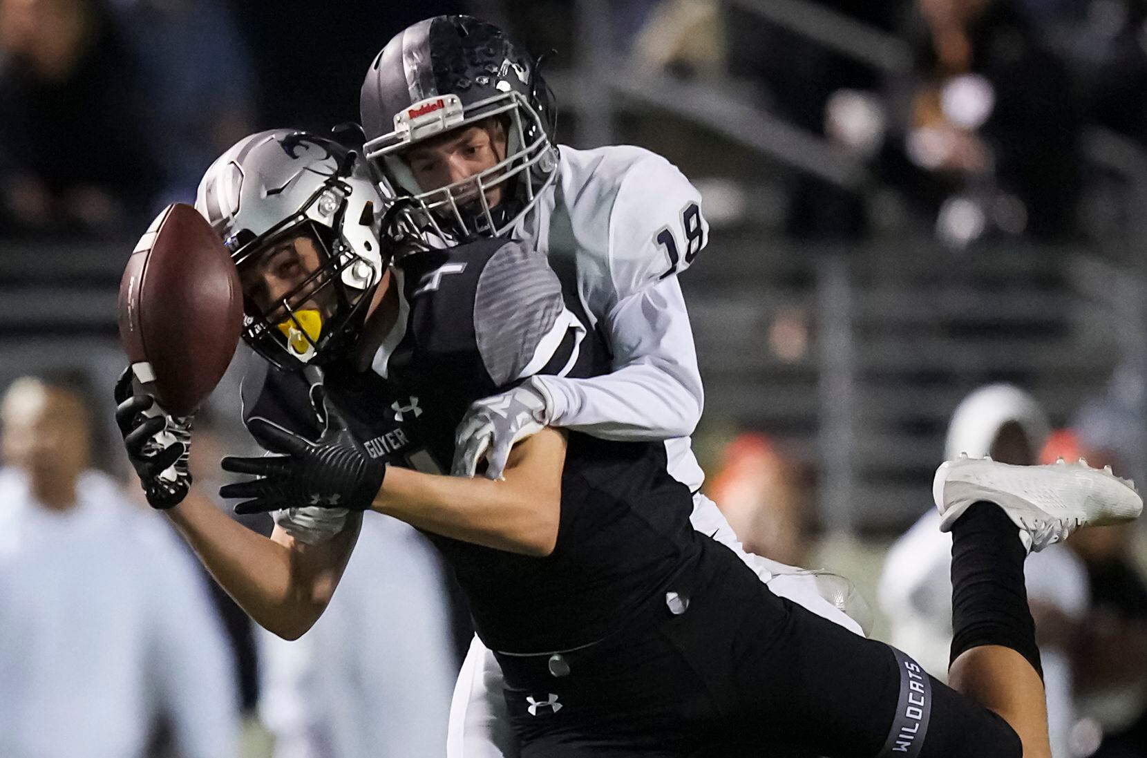 Denton Guyer wide receiver Brody Noble (4) can’t make a catch as Flower Mound cornerback...