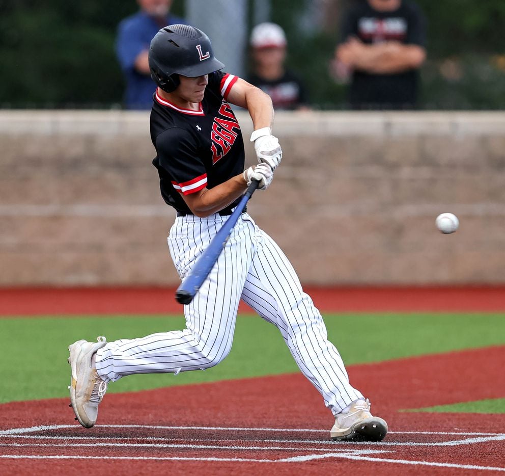 Mansfield Legacy center fielder Dylan Schlaegel connects with a double against Justin...
