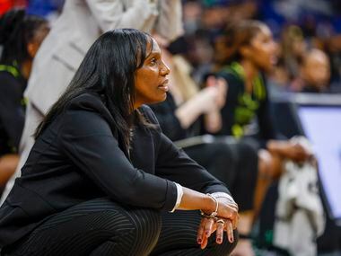 DeSoto head coach Andrea Robinson watches a play during the second quarter of the Class 6A...