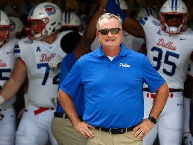 SMU head coach Sonny Dykes with his team just before the kickoff against TCU on Sept. 21, 2019, in Fort Worth.