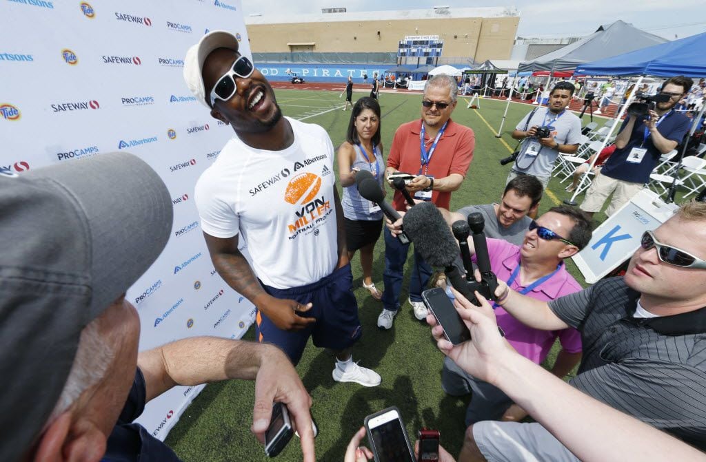 Denver Broncos linebacker Von Miller jokes with reporters, as the Super Bowl 50 MVP hosts a...