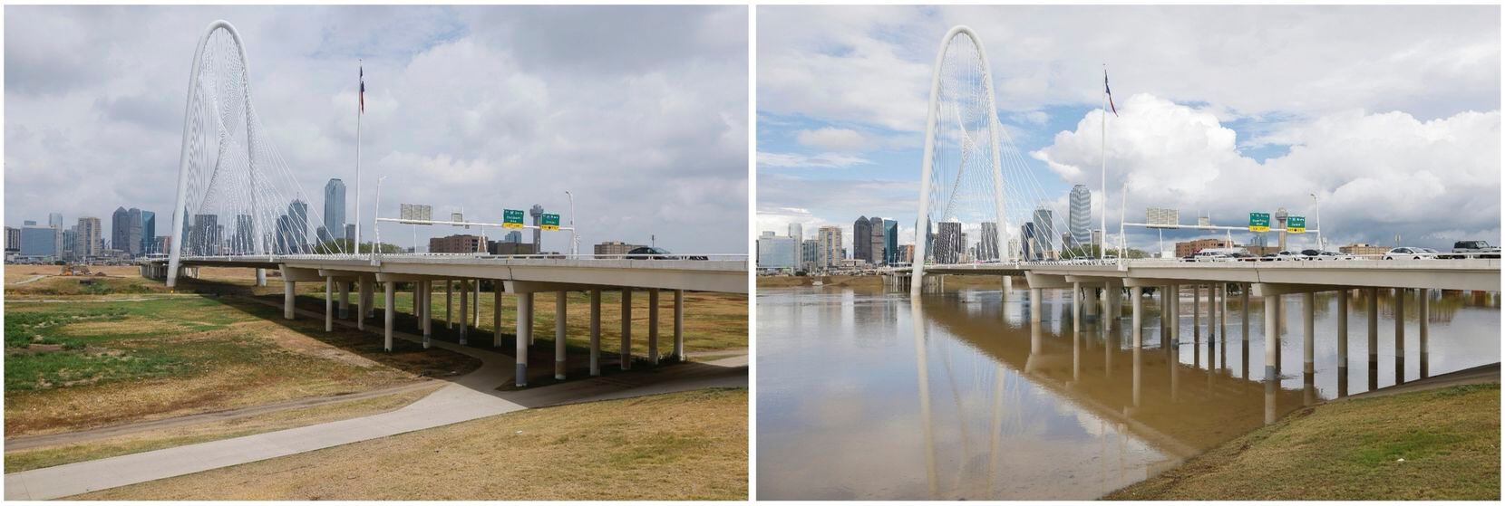 A composite of two photos show Trinity Skyline Trail in Dallas at the same spot four days...