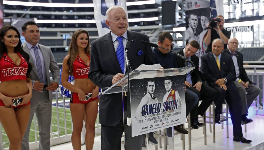 Dallas Cowboys owner Jerry Jones speaks during a Canelo Alvarez vs. Liam "Beefy" Smith press...