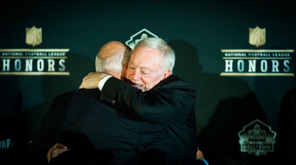 Dallas Cowboys owner Jerry Jones is congratulated after a press conference with Pro Football...